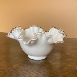 Fenton Silver Crest White Milk Glass Ruffled Bowl with Clear Crimped Edge